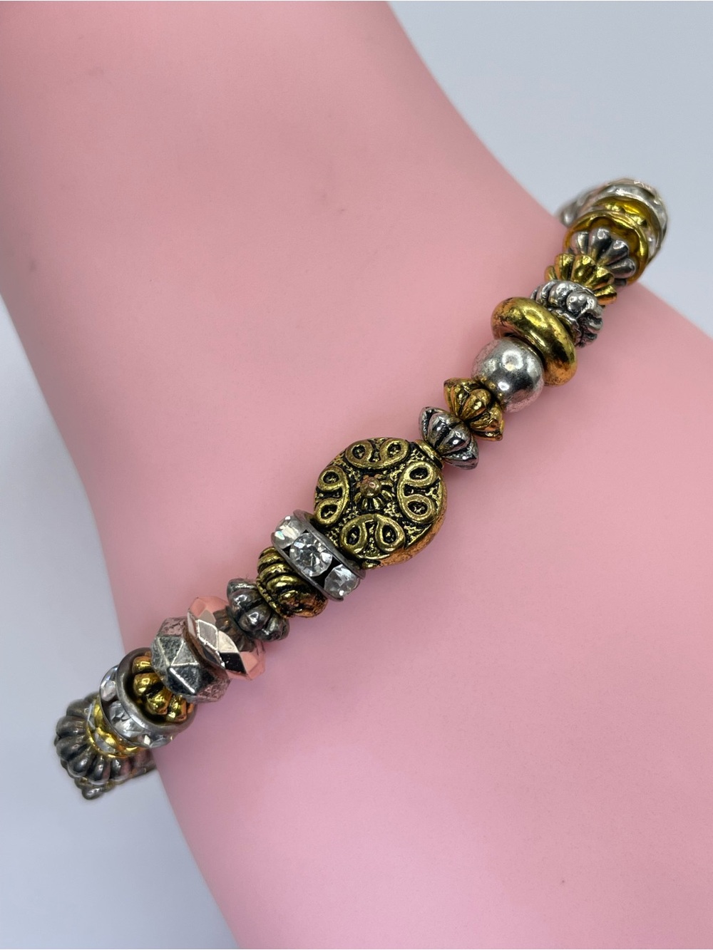 Silver Gold Tone Crystal Beaded Stretch Bracelet Mixed Metal Boho Rhinestone